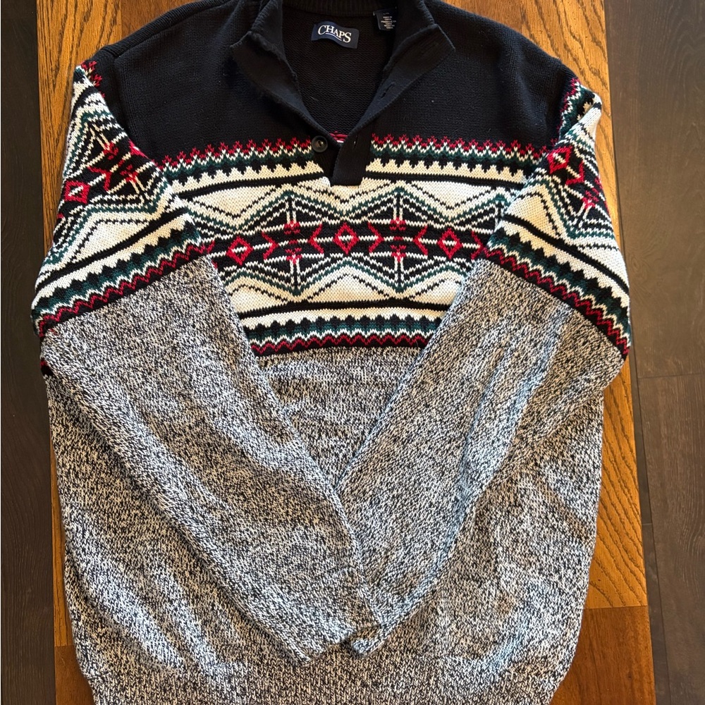 Chaps Navy Fair Isle Zip-Up Shawl Collar Sweater with Red Accents - Picture 3 of 4